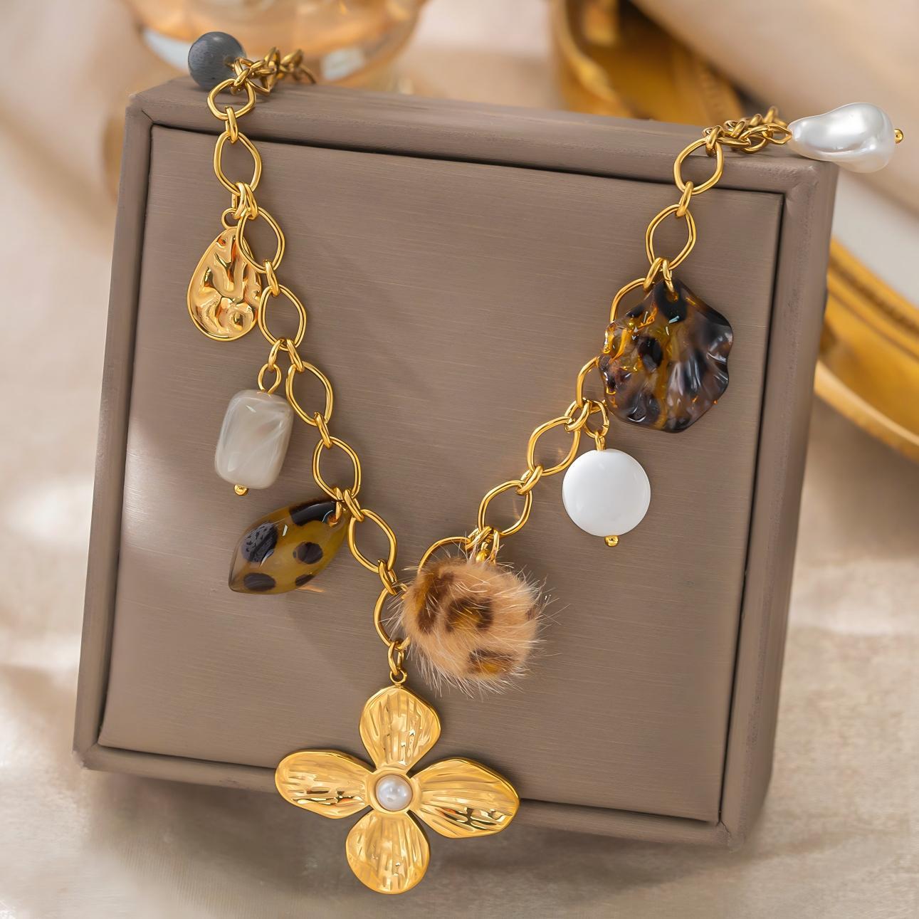 Cross Retro 18K Gold-Plated Stainless Steel Necklace with Leopard Print Plush Ball and Pearl Flower Pendant 18K золотой