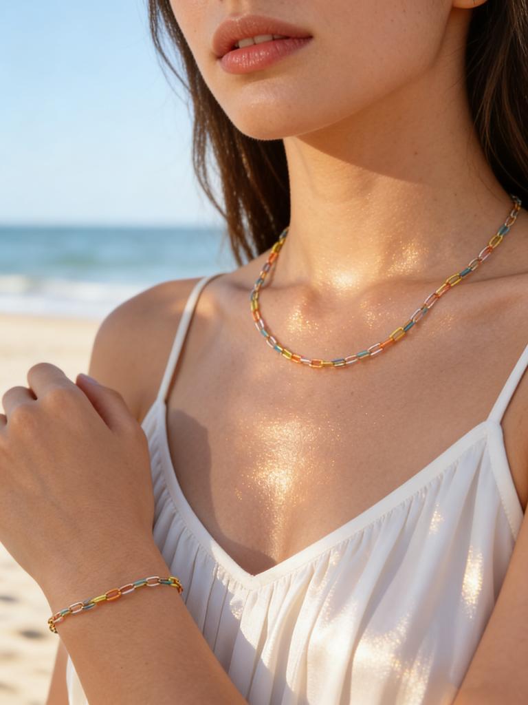 Bohemian Summer Colorful Drip Oil Stainless Steel Chain Necklace Bracelets for Women, Aesthetic Boho Jewelry Set Accessories