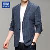 ROMON Men's Spring Autumn Linen Blend Slim Fit Striped Blazer