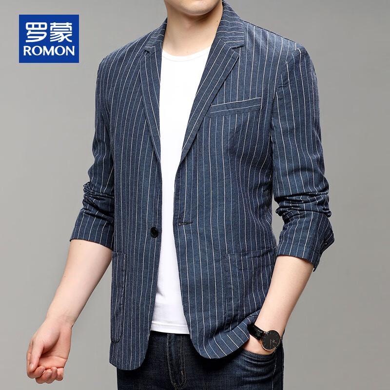 ROMON Men's Spring Autumn Linen Blend Slim Fit Striped Blazer