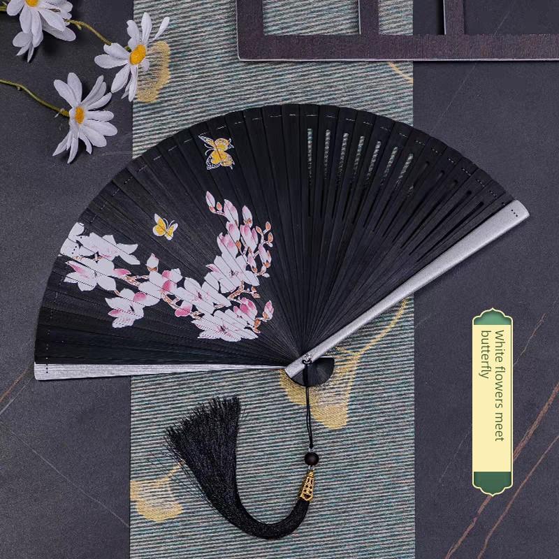 Chinese Style All-Bamboo Classical Fan for Women, Japanese-Style Ancient Classical Black Folding Fan, Bamboo Fan for Hanfu Dance, Portable and Easy