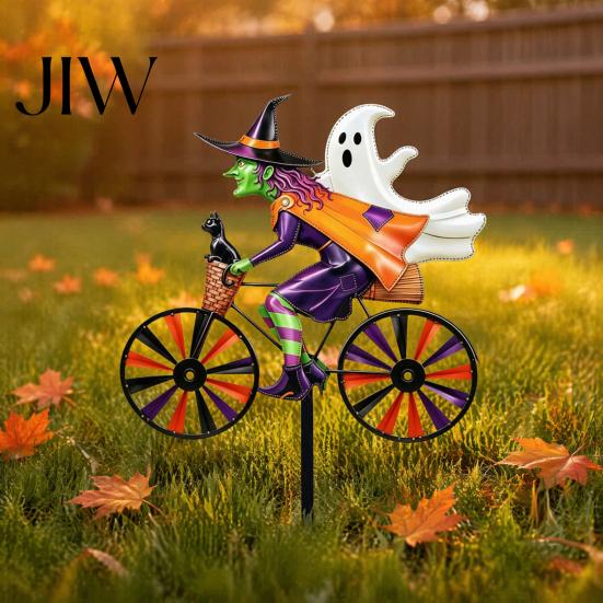 Portable Garden Art Halloween Wizard/Ghost/Black Cat/Skeleton Bicycle Ground Stake Ornament, Metal Stakes, Yard Sculptures Decorative