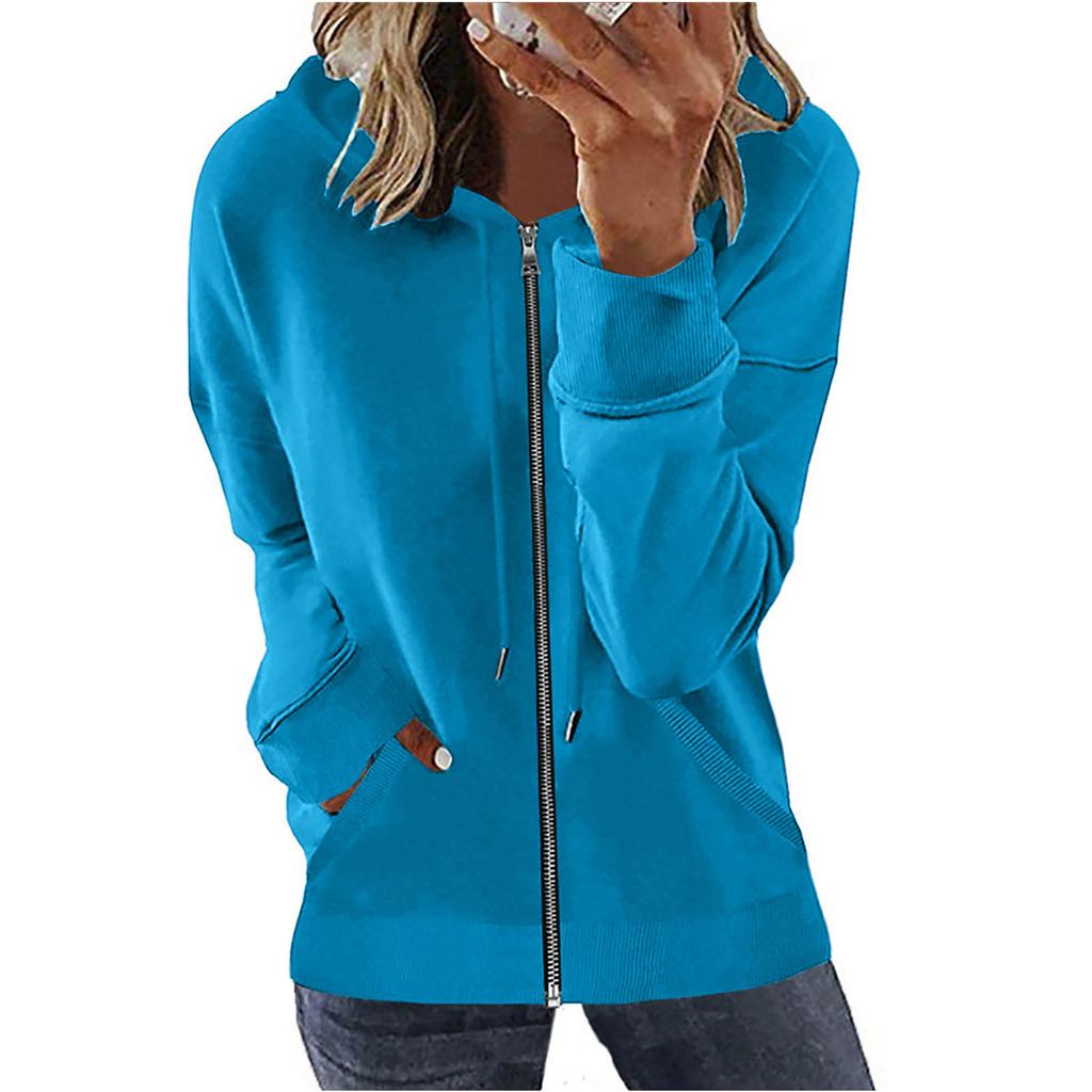 Women's Loose Fit Solid Color Zip Up Hooded Long Sleeve Sweatshirt Casual Pocket Hoodie Top