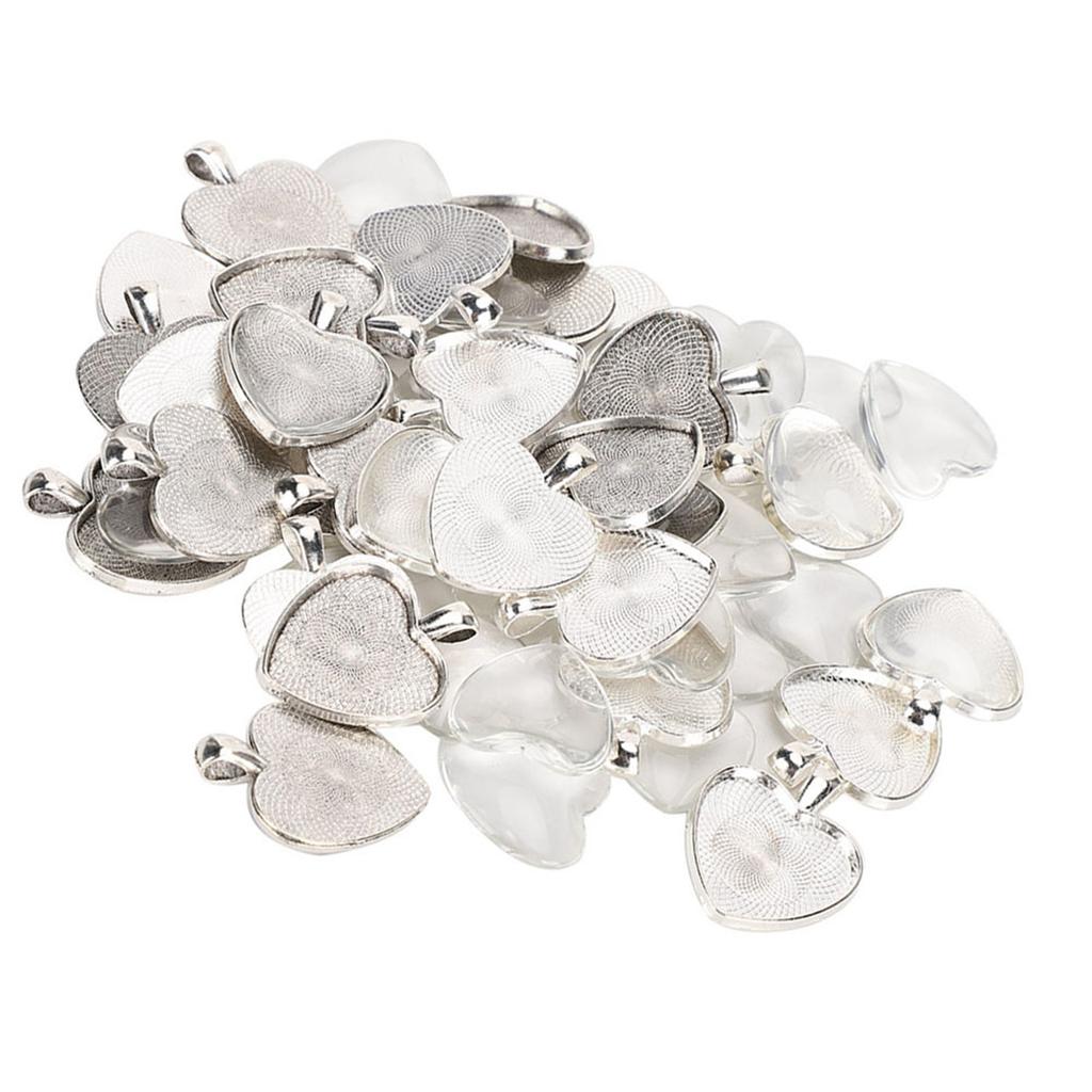 60pcs Pendant Trays Heart Shaped Pendant Setting Cabochon Base Setting with Glass Cabochon