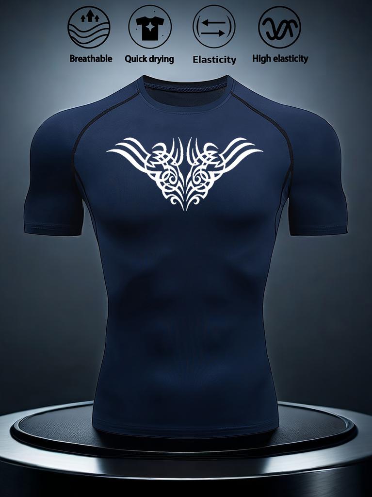 Mens White Compression Short Sleeve T-Shirt Black Tribal Wing Graphic Quick Dry Breathable High Elasticity Gym And Running Athletic Top