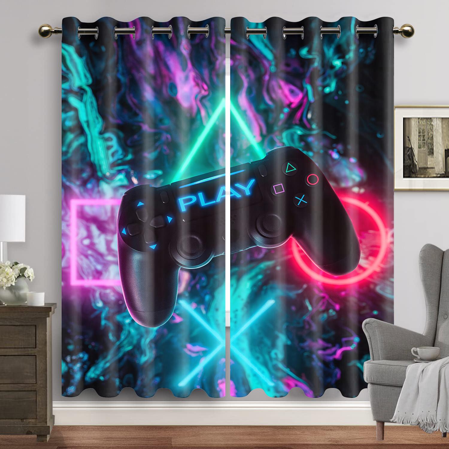 

Gamepad Printed Thin Curtains for Boys Bedroom Gaming Room Decor Video Game Window Drapes Shading 2panel W50H60(CM)x2PCS&Hook