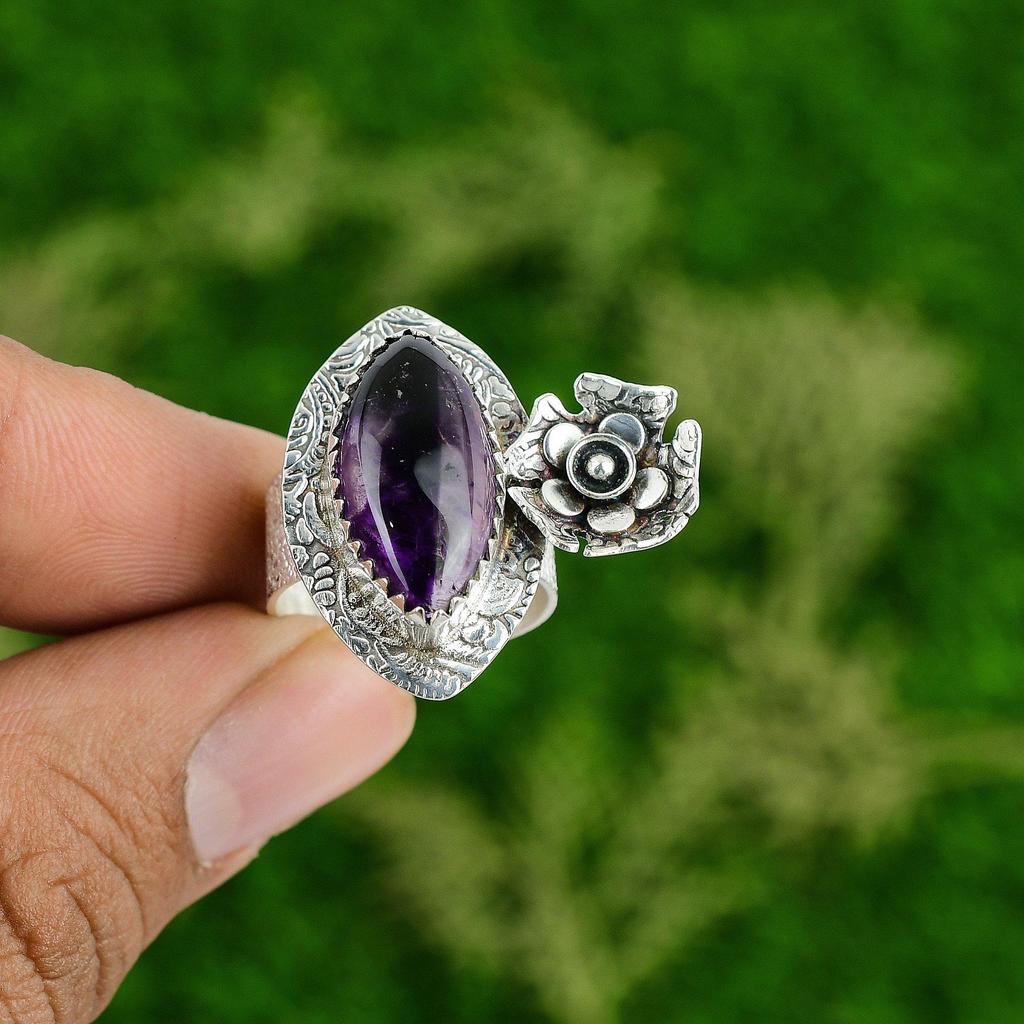 Natural Star Amethyst Gemstone Stackable Flower Ring Size 6.75 925 Silver