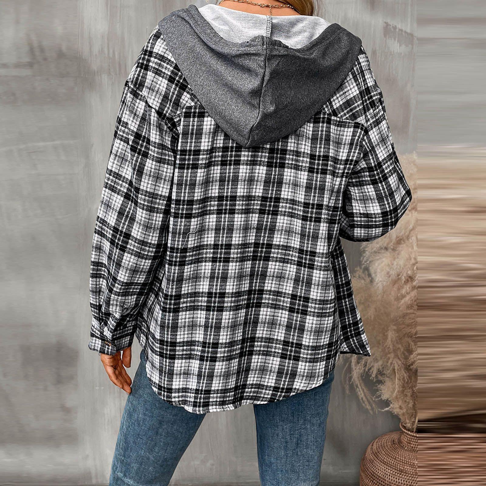 Женская модная широкая клетчатая куртка-рубашка с длинными рукавами и карманами — фото 4