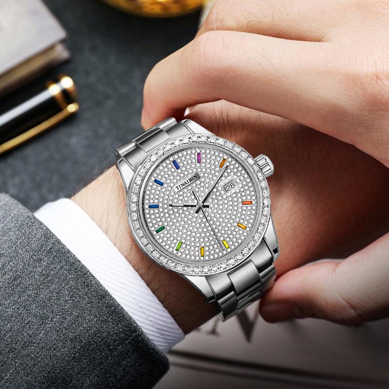 Swiss Automatic Men's Watch: Waterproof, Luminous, Diamond Accents, Steel Band, Quartz Movement.