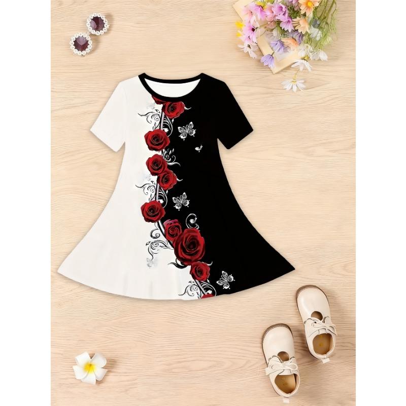 This Summer 3D Printed Short-sleeved Dress for Girls Features A Round Neck,