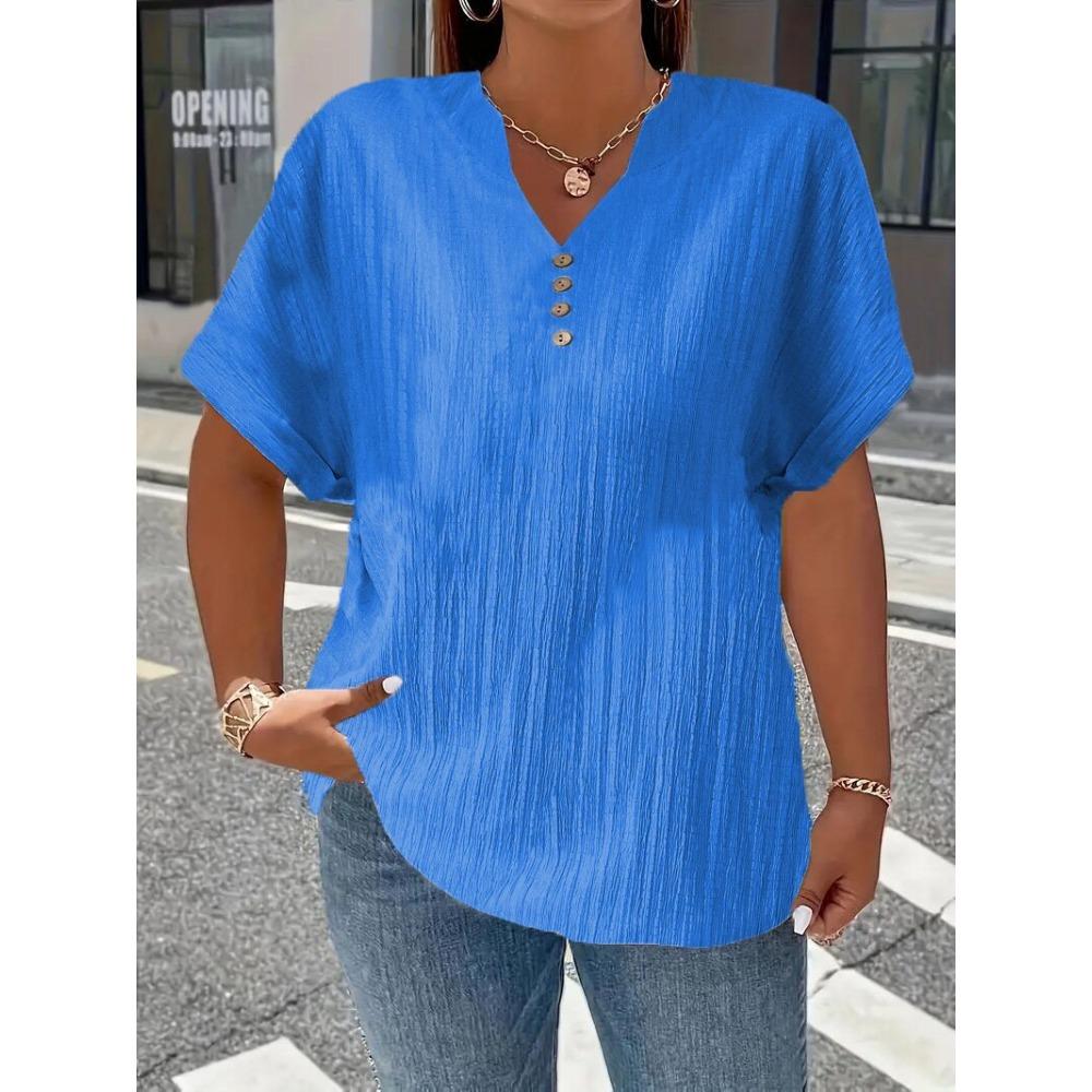Spring and Summer Women's Fashion Casual Solid Color Button V-neck T-shirt for Women