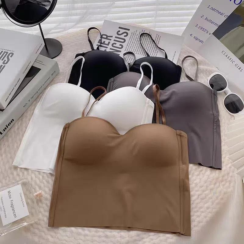 Ice silk beauty back underwear fixed integrated cup with chest pad with small suspender adjustable shoulder strap girl tube top tube top type