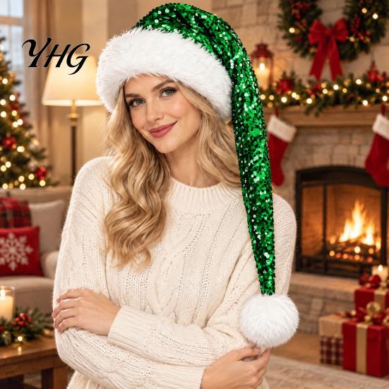 Sparkly Christmas Performance Hats Long Santa Hat for Party, Sequin Plush Xmas Comfortable Trim with Fur Ball Adults, Festive Holiday Costume