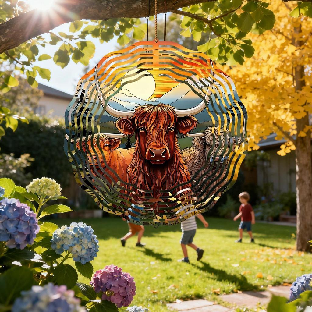 Hochlandrinder Windräder Metall Windspiel Outdoor Dekoration für Terrasse Garten Hof Balkon Äste Geländer Bauernhaus Dekoration