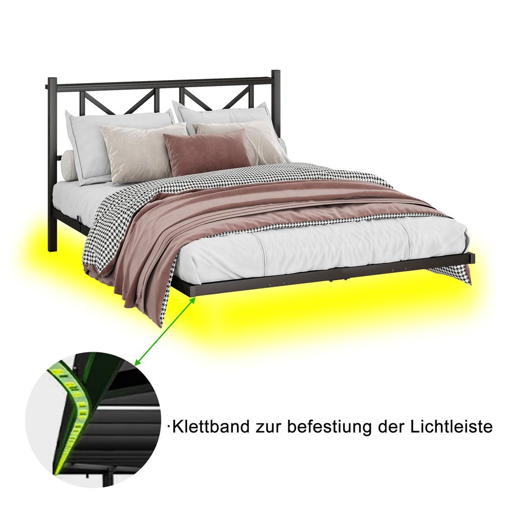 140x200 cm, Double Bed Frame with LED Lighting and Charging Station, Headboard, Metal Bed, Robust and Stable, Easy Assembly (without Mattress