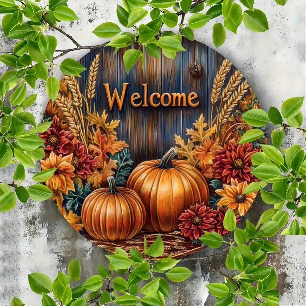 Aluminum Welcome Sign Autumn Harvest Pumpkin Leaf Wall Decor Metal Plate