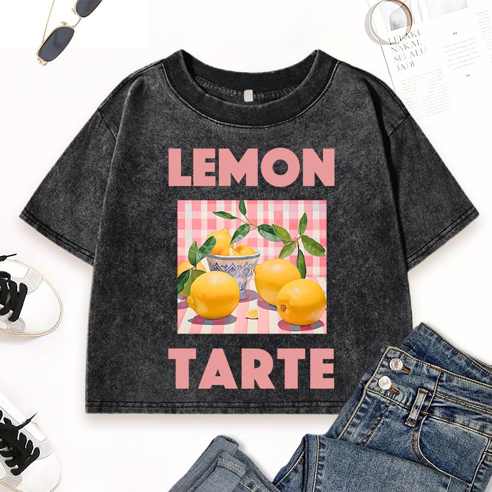 Lemon Tarte Fresh Fruit Prints Washed T Shirt Womens O-Neck Fitness Short Sleeve Crop Tops Cotton Casual T-Shirts