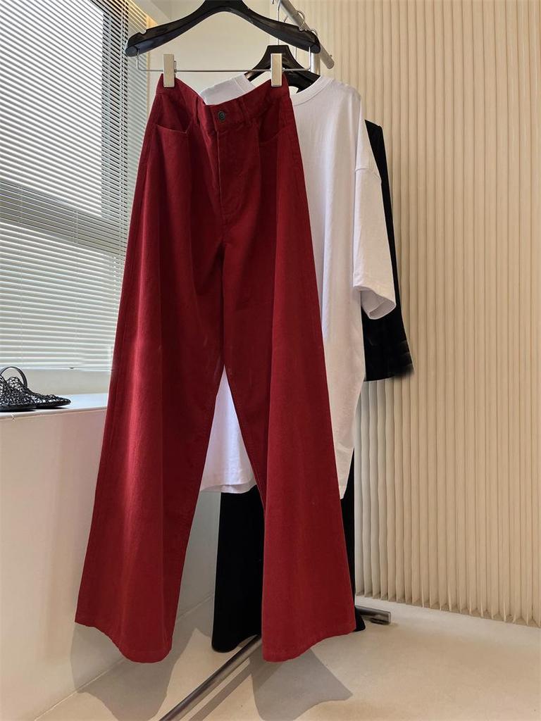 Chic Red Angora Ribbed Wide-Leg Pants with Superior Fabric