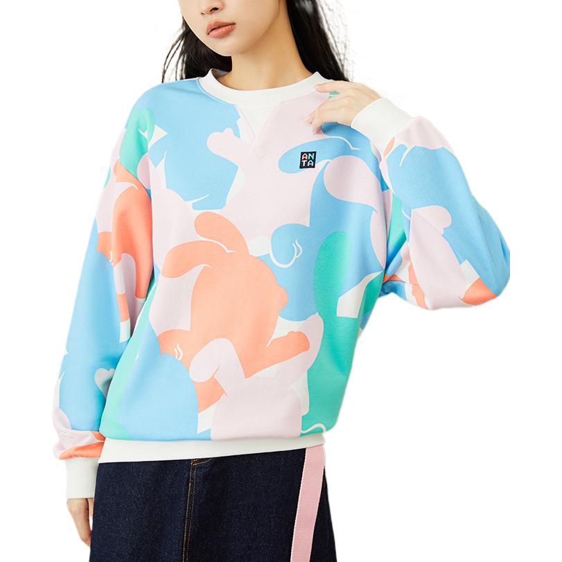 Anta All Over Print Logo Round Neck Long Sleeve Sweatshirt Women sweatshirt Paper-White 162248718N-1