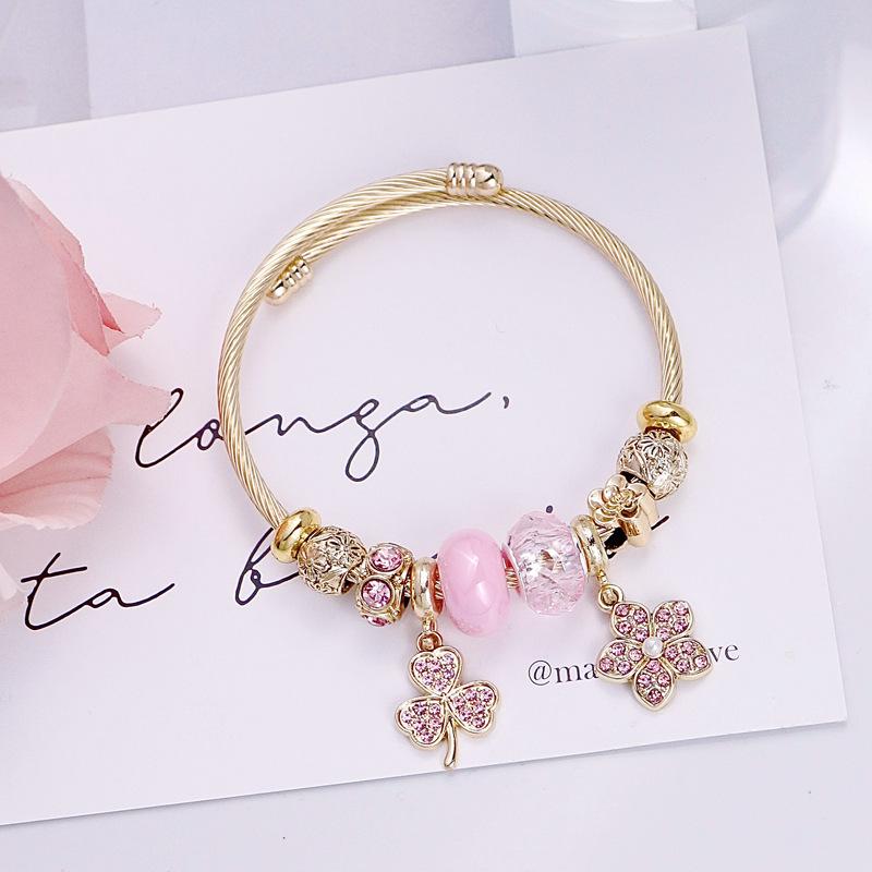 Four Leaf Clover Beaded Bracelet with Moon and Star Pendant Stainless Steel Jewelry for Women