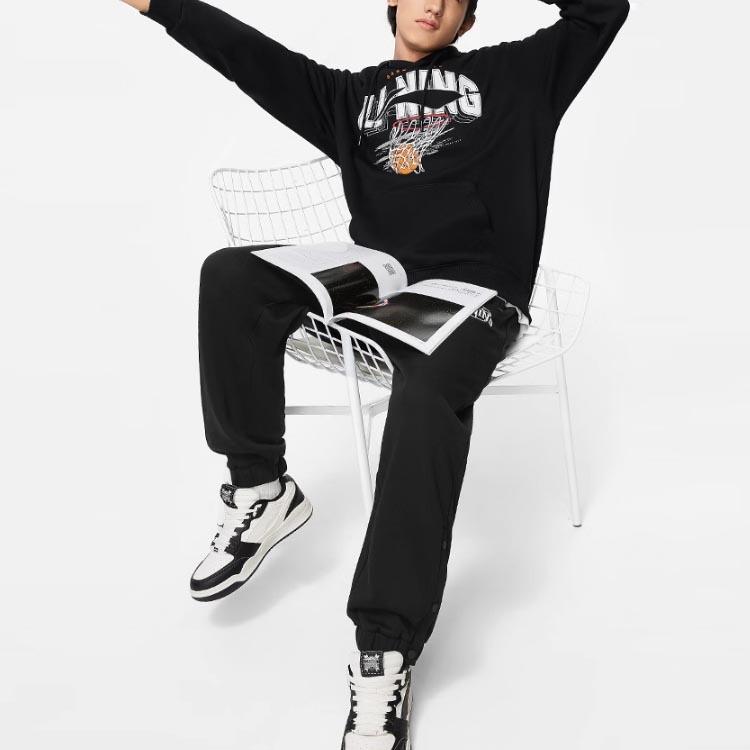 Li Ning Sports Lifestyle Series Lettered Hooded Fleece Pullover Long Sleeve Sweatshirt Men sweatshirt Black AWDTE39-1