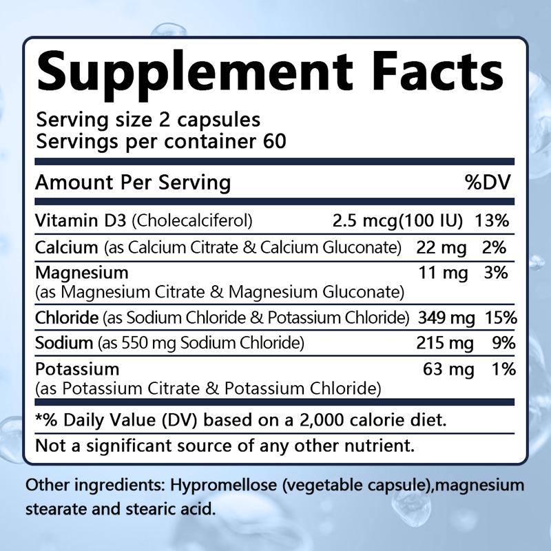 Vitamin D3, calcium, magnesium, sodium, potassium 120 Capsules