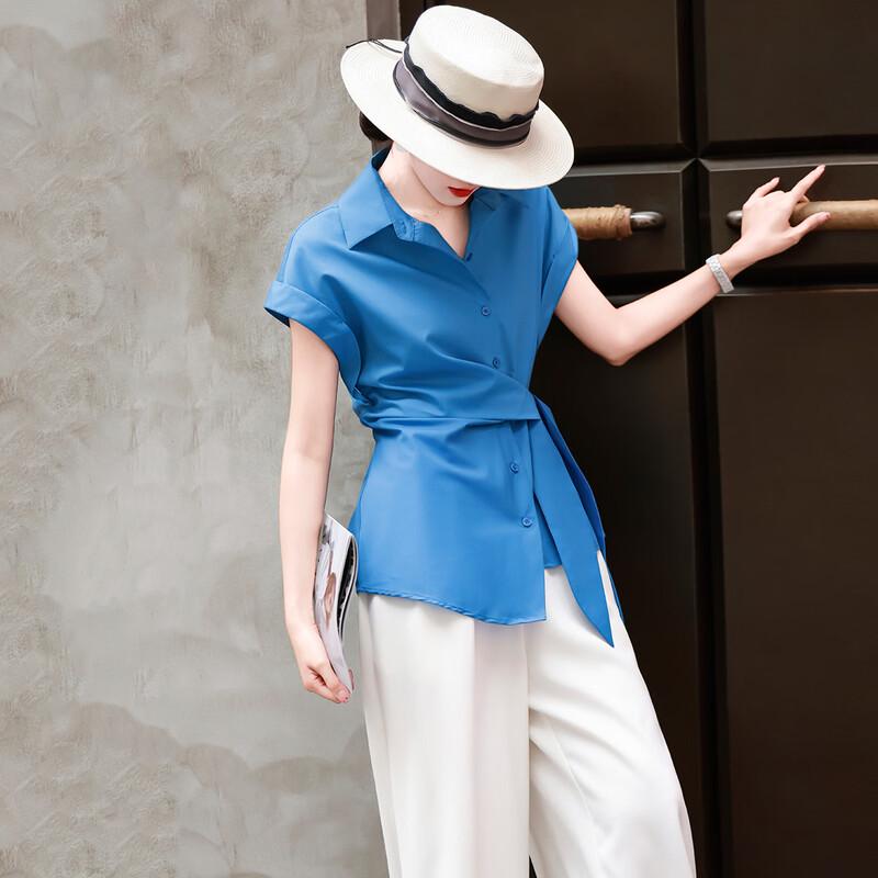 Lanser Women s Elegant Lyocell Blend Lapel Short-Sleeve Blouse M