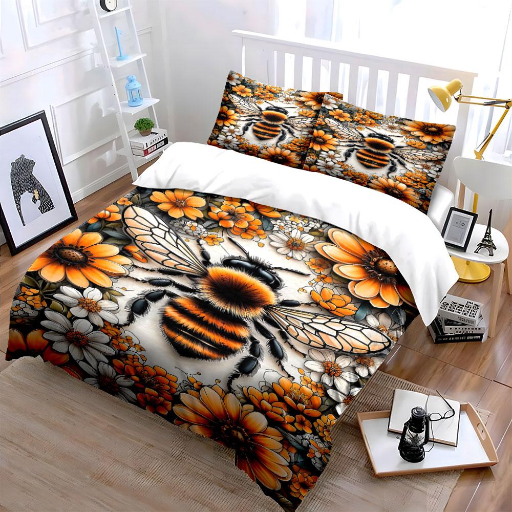 Bee and Vibrant Flower Artwork Print Bedding Set 1 Duvet Cover 2 Pillowcases for Adult and Children Luxury Gift Full Size
