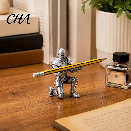 Desktop Storage Ornament 3D Printed Knight Pen Holder, Kneeling Armor Stand, Vintage Desk Statue Stationery Organizer for Office Study And Gaming