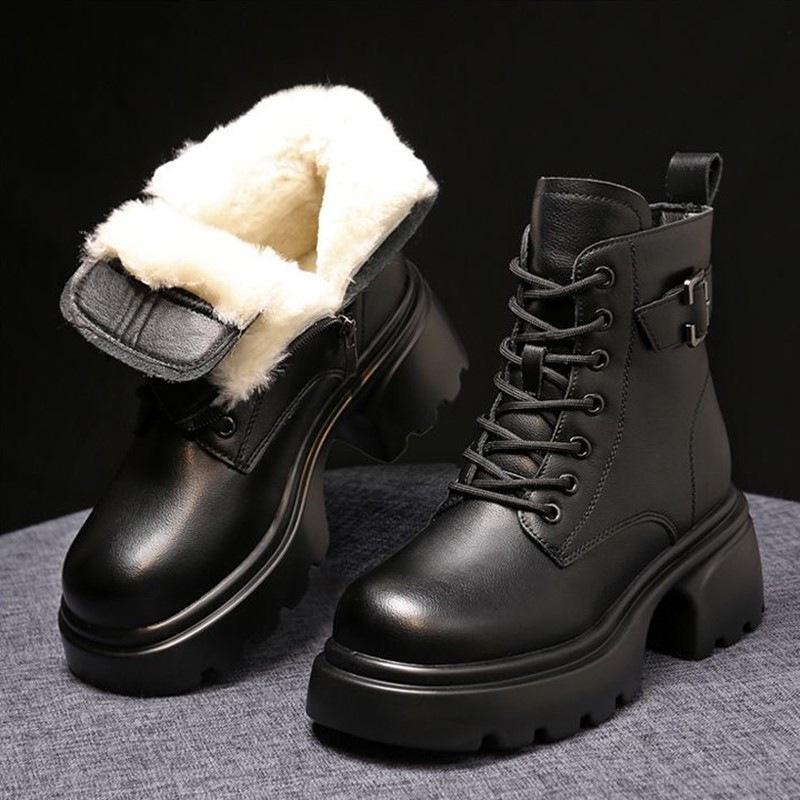Soft Leather Platform Martin Boots Women's 2025 Winter British Wind Cotton Boots Thick Heel Short Boots Cotton Shoes Piled Thickened Snow Boots