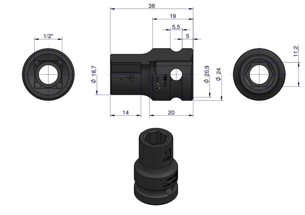 Nasadka Udarowa Sześciokątna 1/2". 11 Mm. Crmo. Din 3129. Waryński