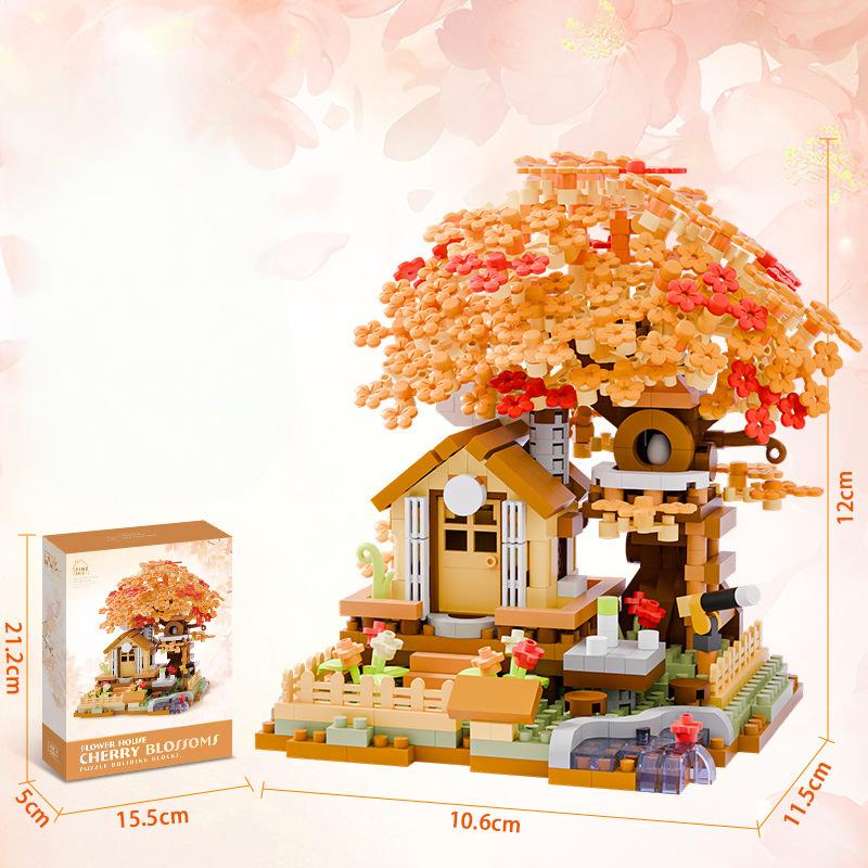 Four Seasons Cherry Tree House Building Blocks Simulation Street View Building Blocks Children's Educational Toys