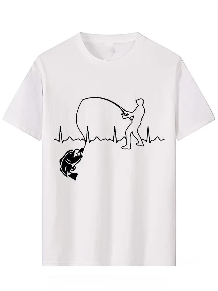 Outdoor Summer Style Eat Sleep Fishing Heartbeat Printed Short Sleeved Mens T shirt Fashion Casual Fisherman Fish Men's T-shirt