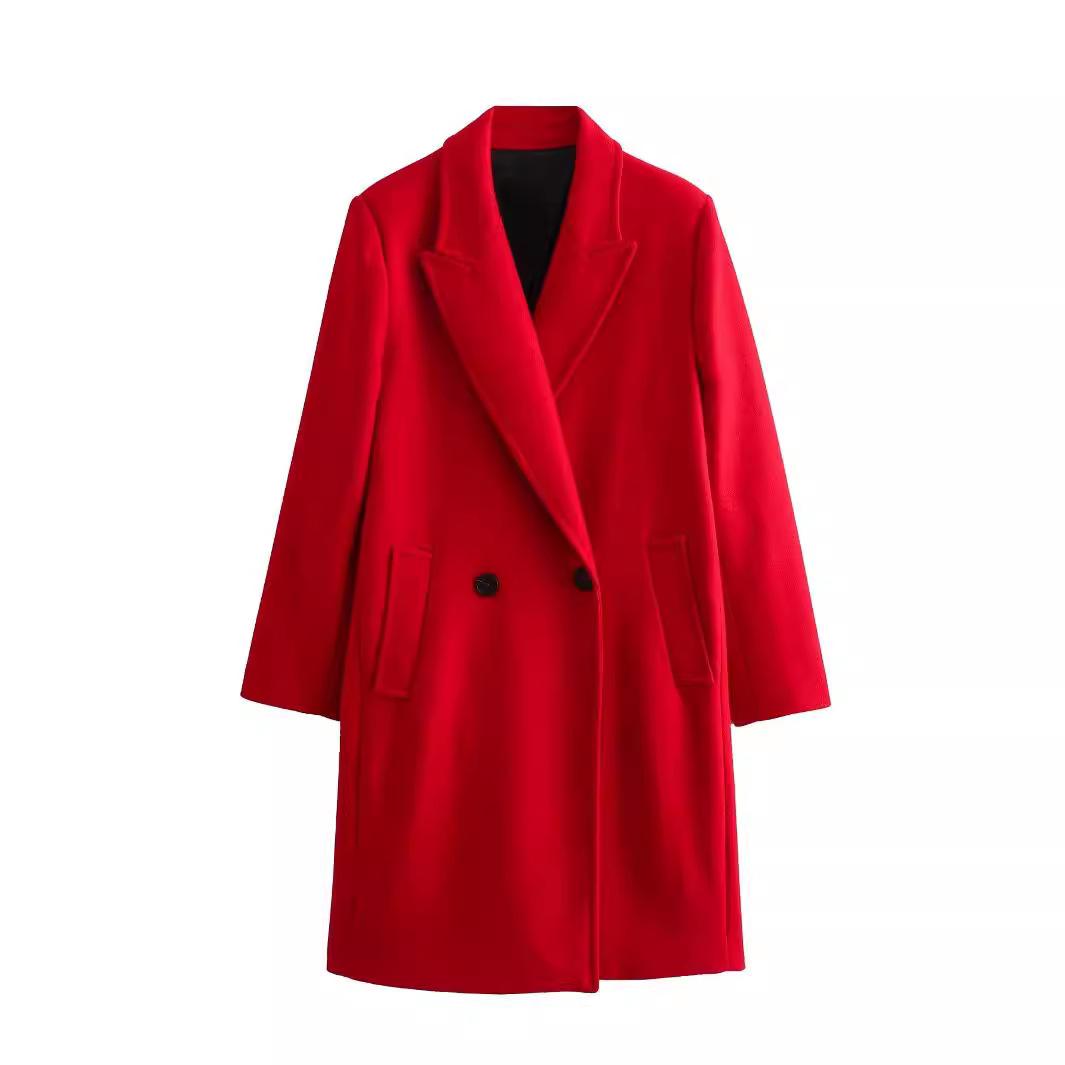 

2024 осень/зима, новый продукт, женская новая мода и повседневное универсальное двубортное длинное пальто с воротником-поло, пальто XS красный