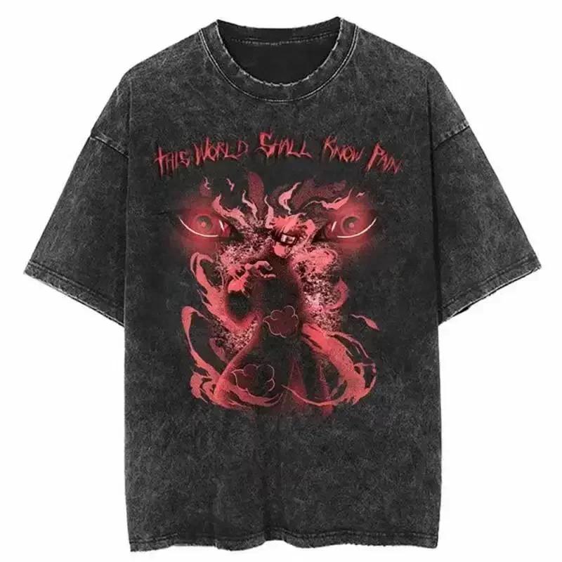 Baumwolle Herren Vintage Japan Anime Print Oversize T-Shirt Streetwear Harajuku Sommer Schwarz Kurzarmhemd Locker Baumwolle Oberteile T-Shirts
