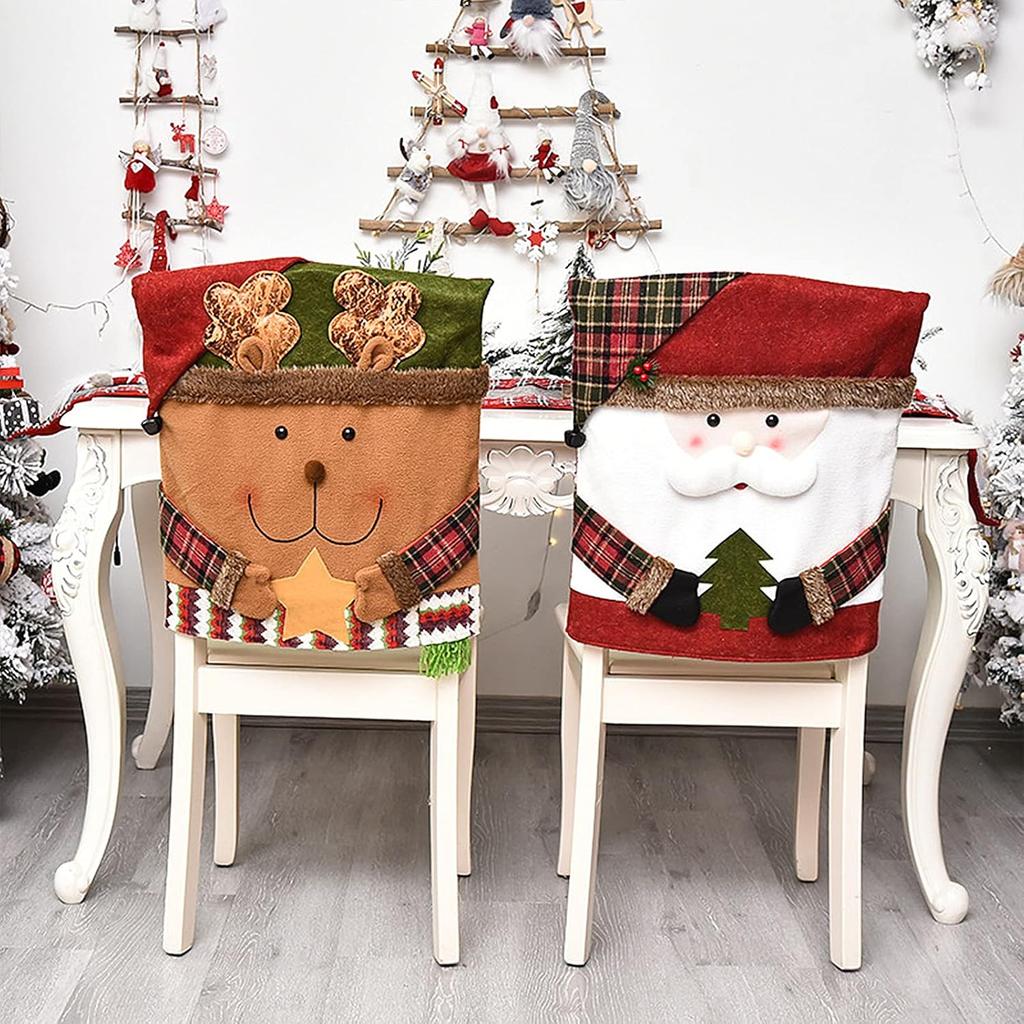 6 Pcs Christmas Chair Back Cover for Dining Room, Santa Claus Snowman Reindeer Xmas Dinner Chairs Cover, Chair Slipcover for Kitchen Hotel Holiday