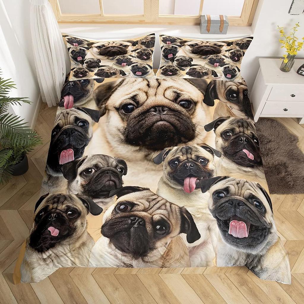 Puppy Dog Duvet Cover Full Queen Size Kawaii Pug Comforter Cover Love Heart Print Bedspread Cover Cute Pet Black Bedding Set