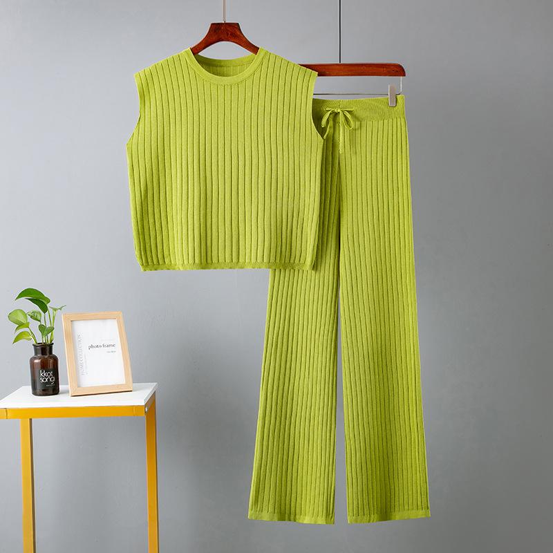 2025 Women Summer Knit 2 Piece Outfits Solid Sleeveless Split Tank Tops Knitted High Waist Wide Leg Pants Set Loungewear Gray