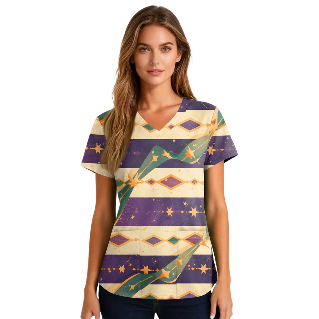 Ladies' Carnival Printed Fashion V-neck Pocket Short Sleeved Nurse's Wear And Worker's Top