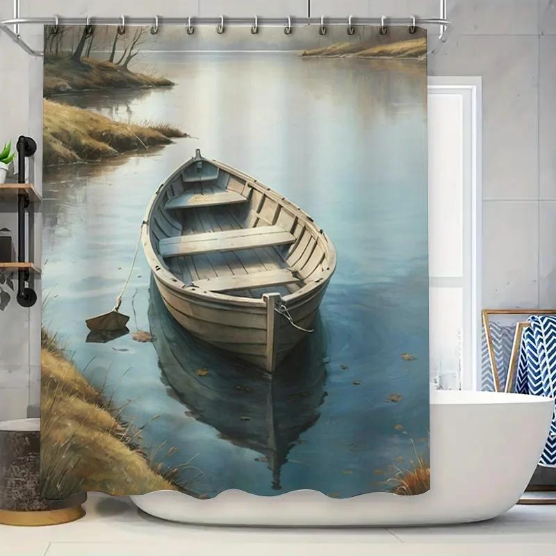 Outdoor Boat Printed Shower Curtain Waterproof Decoration Home Bathroom Decor Rustic, Blue, Tan Color Scheme (78 x 72 inches) [S