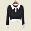 Color Matching Polo Collar Long Sleeves Knitwear Fashion Wind Metal Ring Buckle Split Sleeve Silm Short Lapels Fall Base