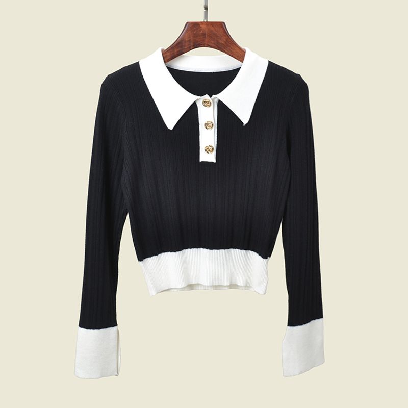 Color Matching Polo Collar Long Sleeves Knitwear Fashion Wind Metal Ring Buckle Split Sleeve Silm Short Lapels Fall Base