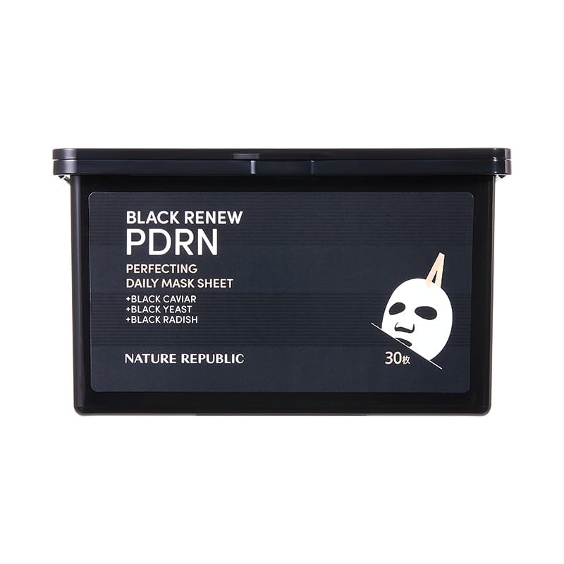 

Nature Republic Black Renew PDRN Perfecting Daily Mask Sheet Moisturizing Face Mask with and [1 Item] [Authentic] Caviar, Yeast, Radish, 30-Pack