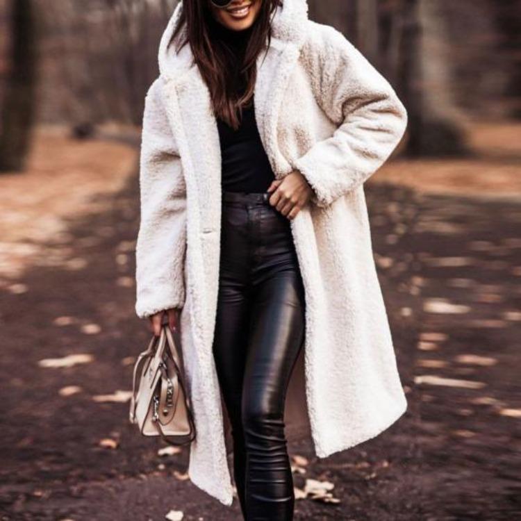 Warm Winter Coat for Women Thick Woolen Mid Calf Overcoat with Hooded Hat Long Sleeve Solid Color Outdoor Lady Jacket