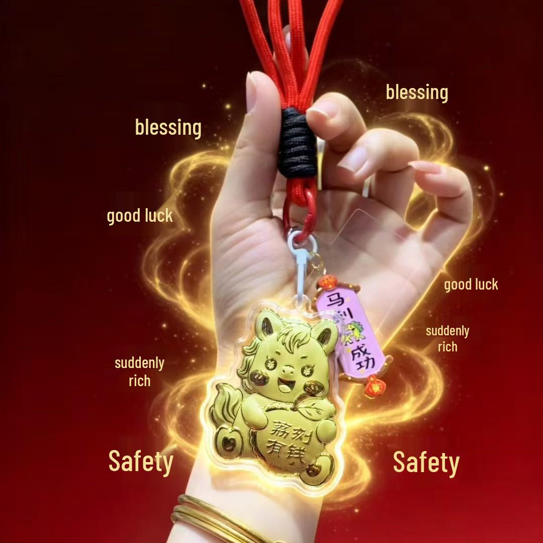 Golden 999 Pure Gold Year of the Horse Keychain with Engraved Pendant and Premium Red Lanyard