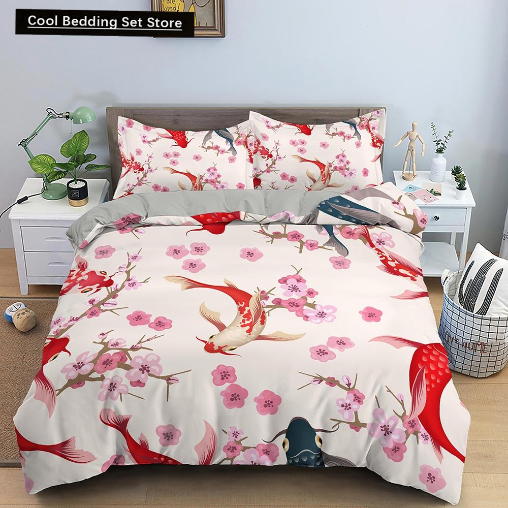 Goldfish Duvet Cover King/Queen Size Golden Red 3D Animal Bedding Set for Kid Teen Adult,Fish Themed Quilt Cover with Pillowcase
