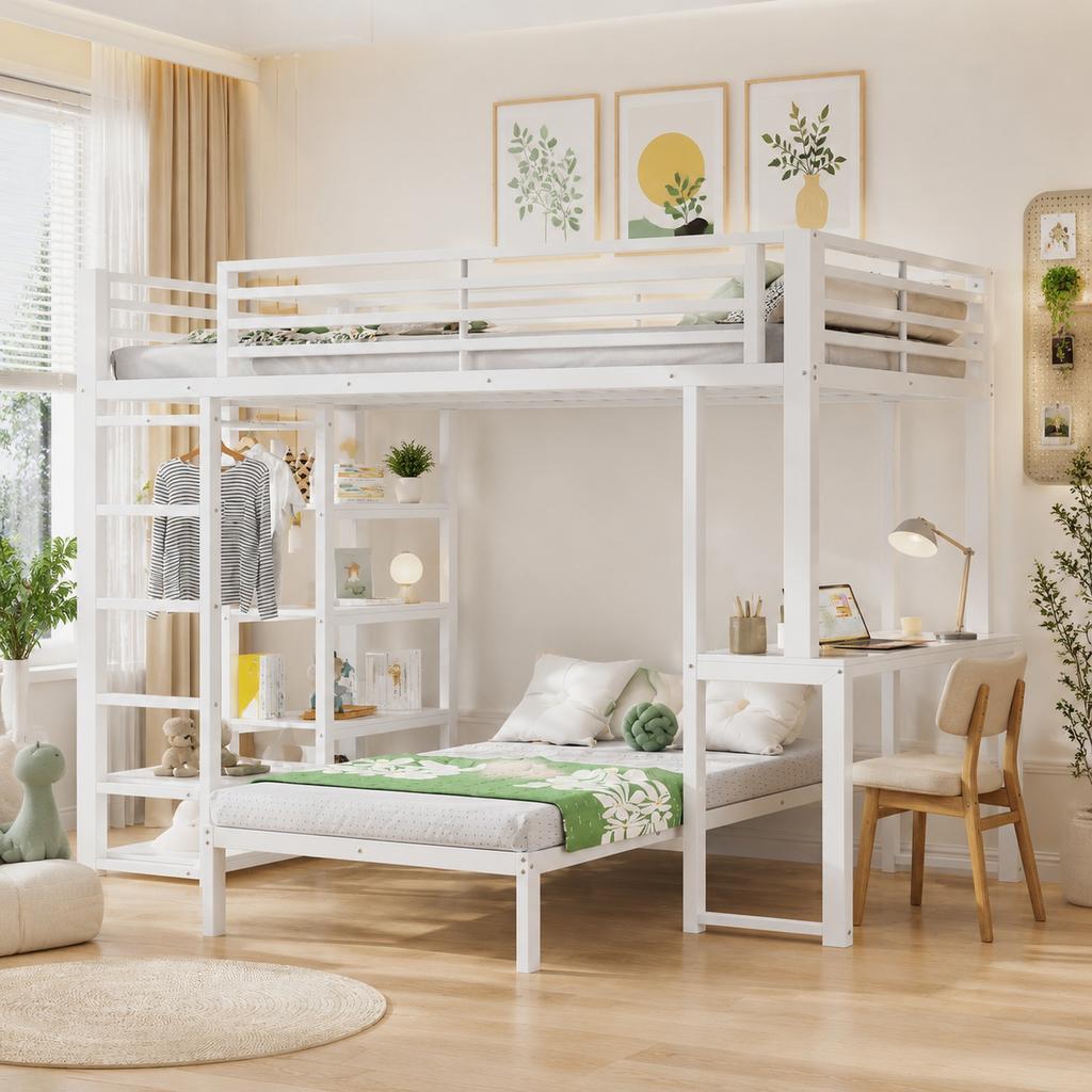 Two Sleeping Places, Loft Bed, Iron Frame, 90 x 200 cm, Desk, Socket USB and Type-C Port, Shelves, Clothes, EN747 Certified, Without Mattress, White