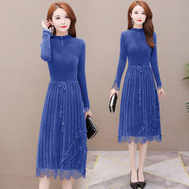 Herbst- und Winter Knie-lange Kleider Damen Mesh Strickkleider Spitze Strickkleider Halbrollkragen Pullover