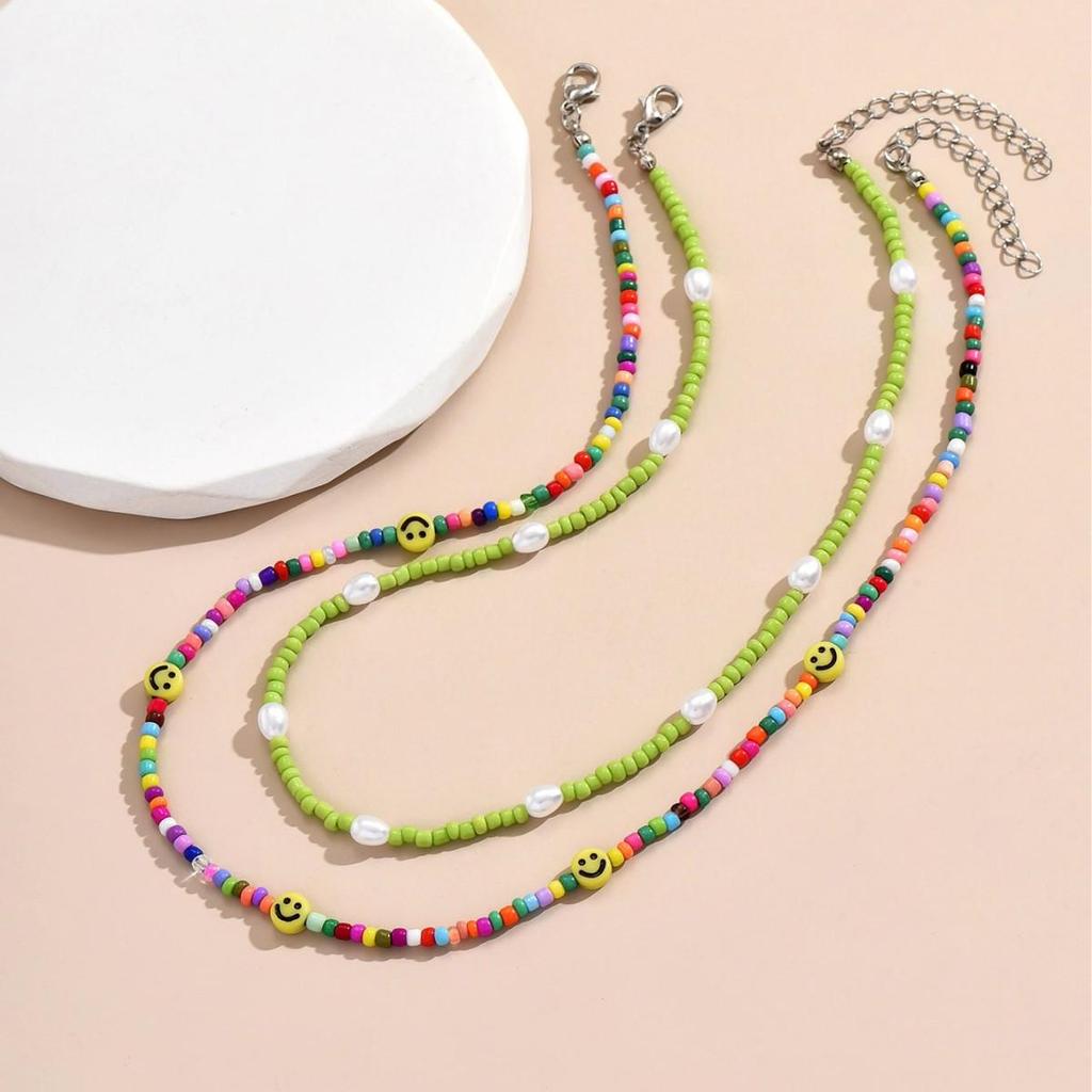 Colorful Smiley Face Layered Beaded Necklace for Women