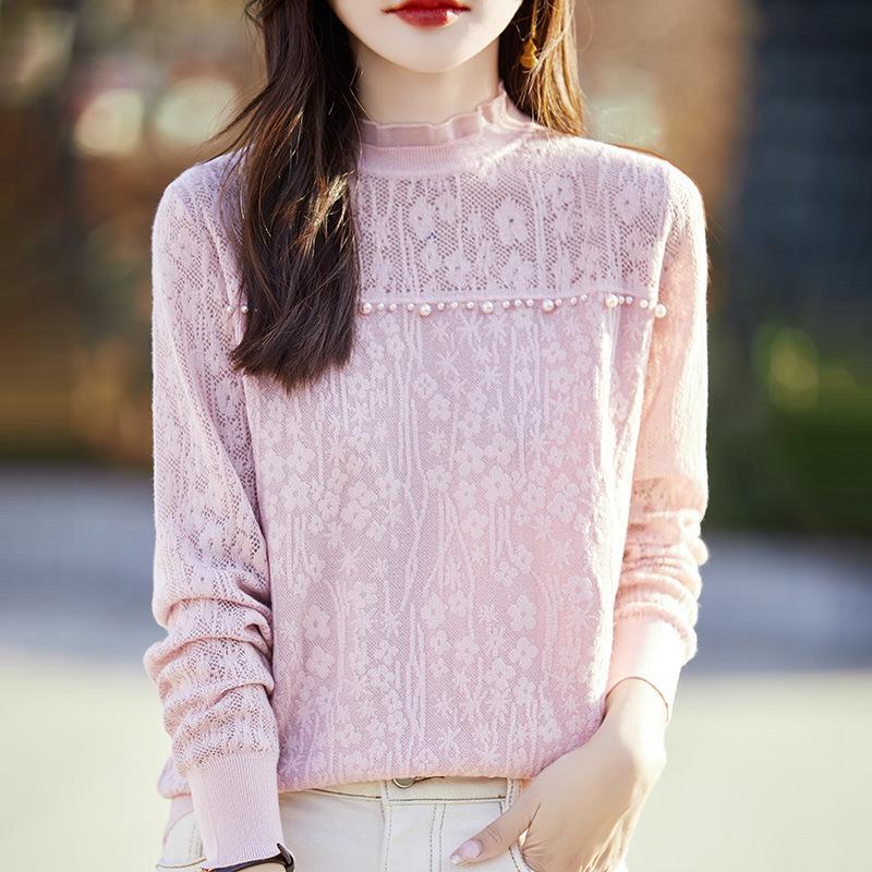 Spring New Style Beaded Lace Lapel Long-sleeved Base Loose Cutouts Top